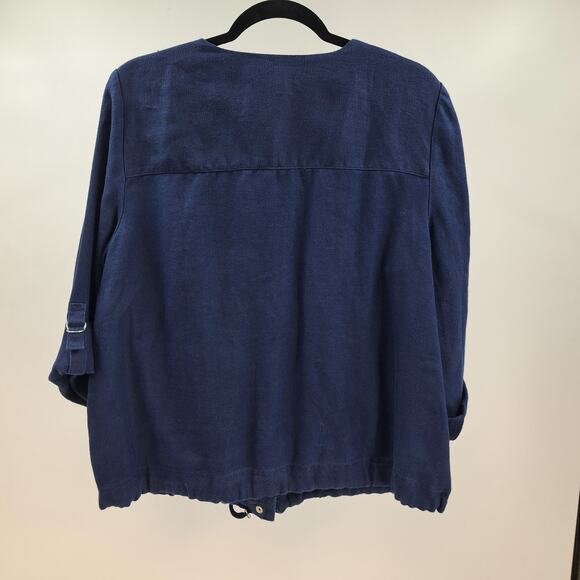 Chico's Utility Jacket 2 L Linen Snap Front 3/4 Tab Sleeve Lightweight Navy Blue - Picture 7 of 8